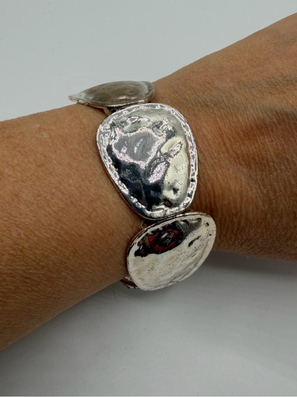 Silver Tone Hammered Oval Link Stretch Bracelet Chunky Statement Boho